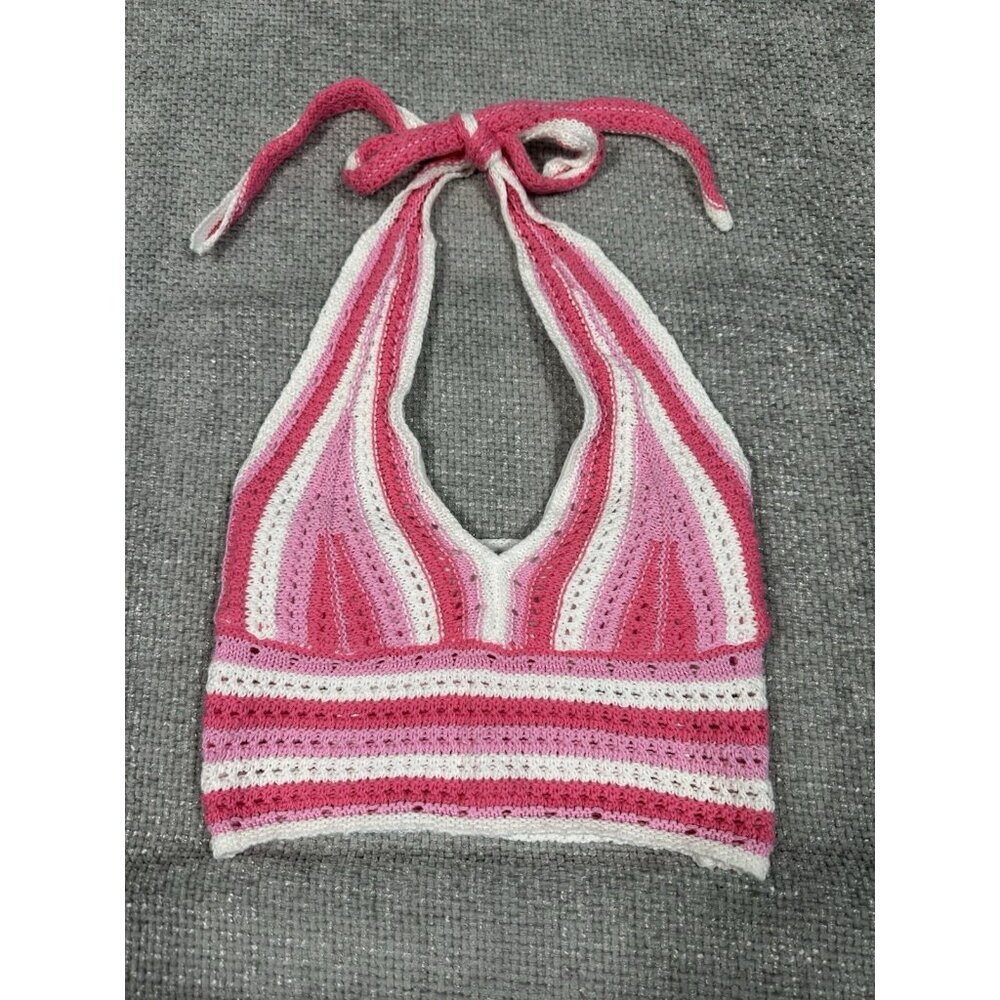 Hollister Pink & White Crochet Halter Tank Top